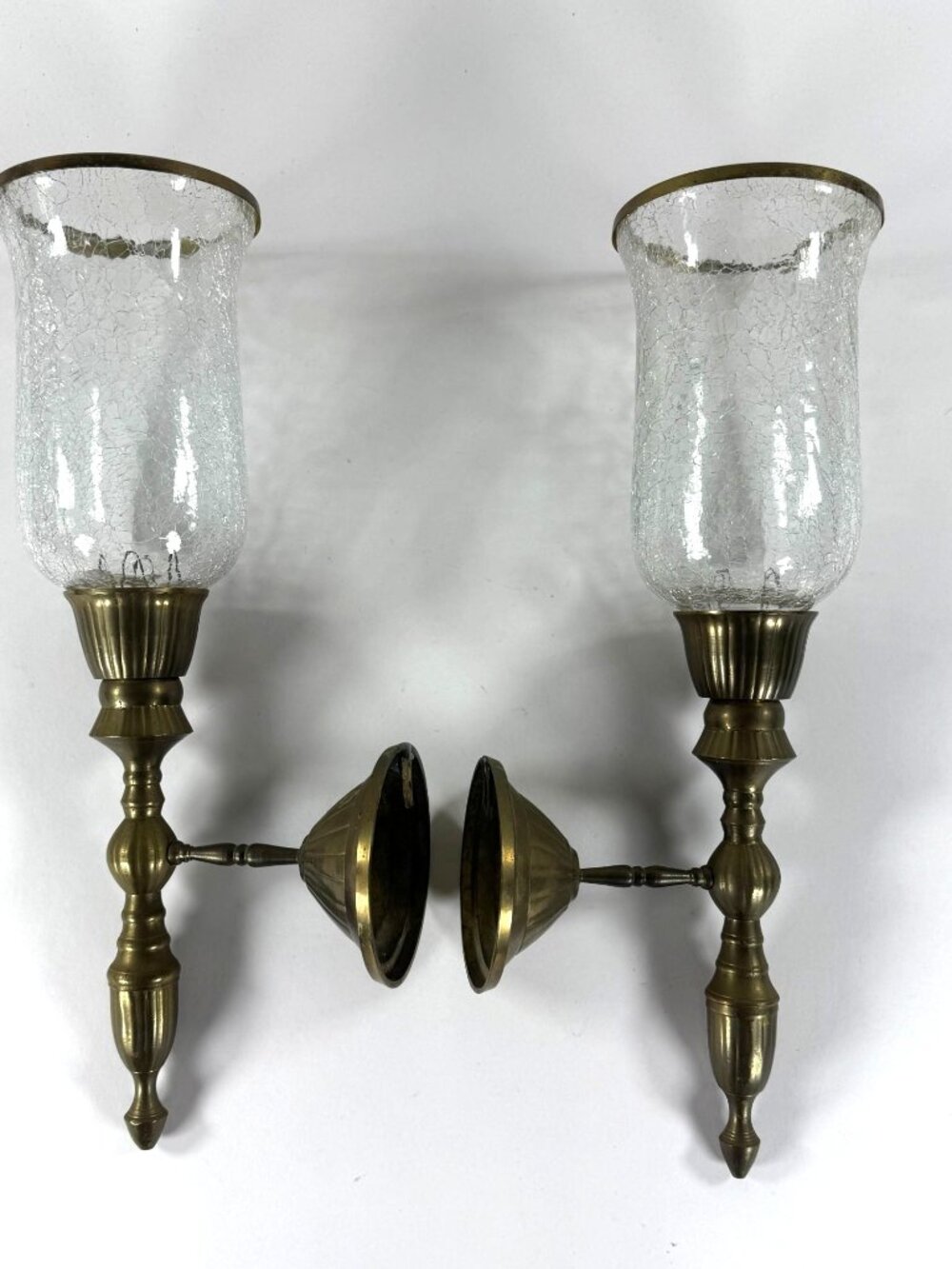Pair Of Brass Wall Sconces With Clear Crackle Glass Hurricane Shades Vintage 16"